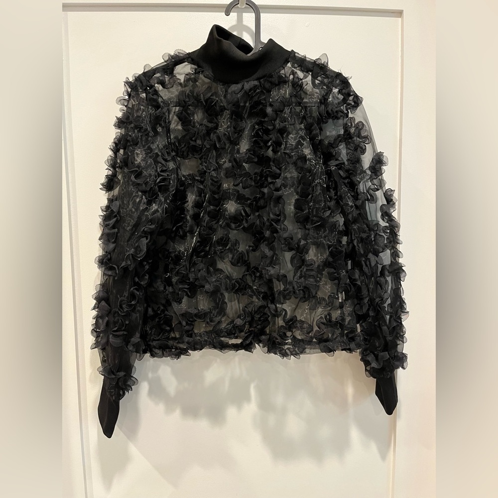 Love story black ruffle sheer long sleeve top
